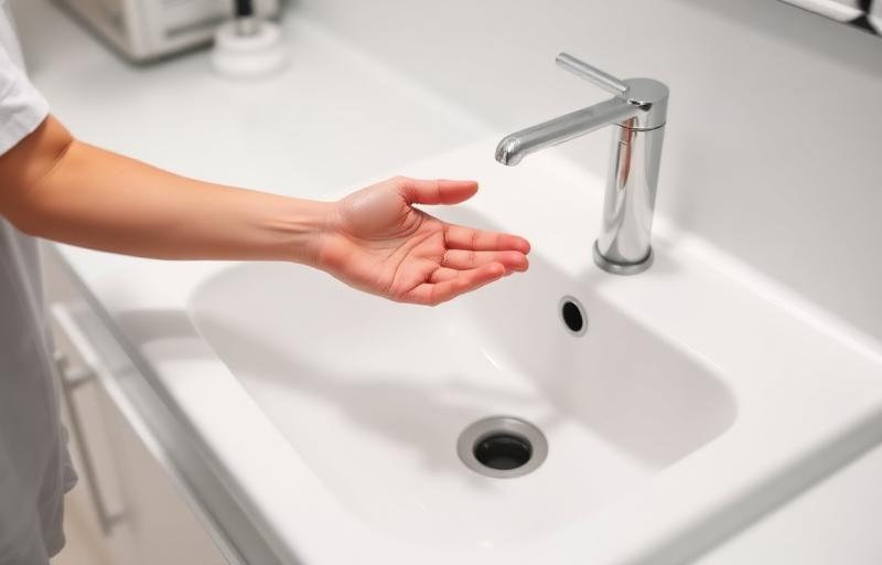 Hygienischer Waschplatz in einer Pflegeeinrichtung oder Arztpraxis mit hautfreundlicher Seife und Desinfektionsspender